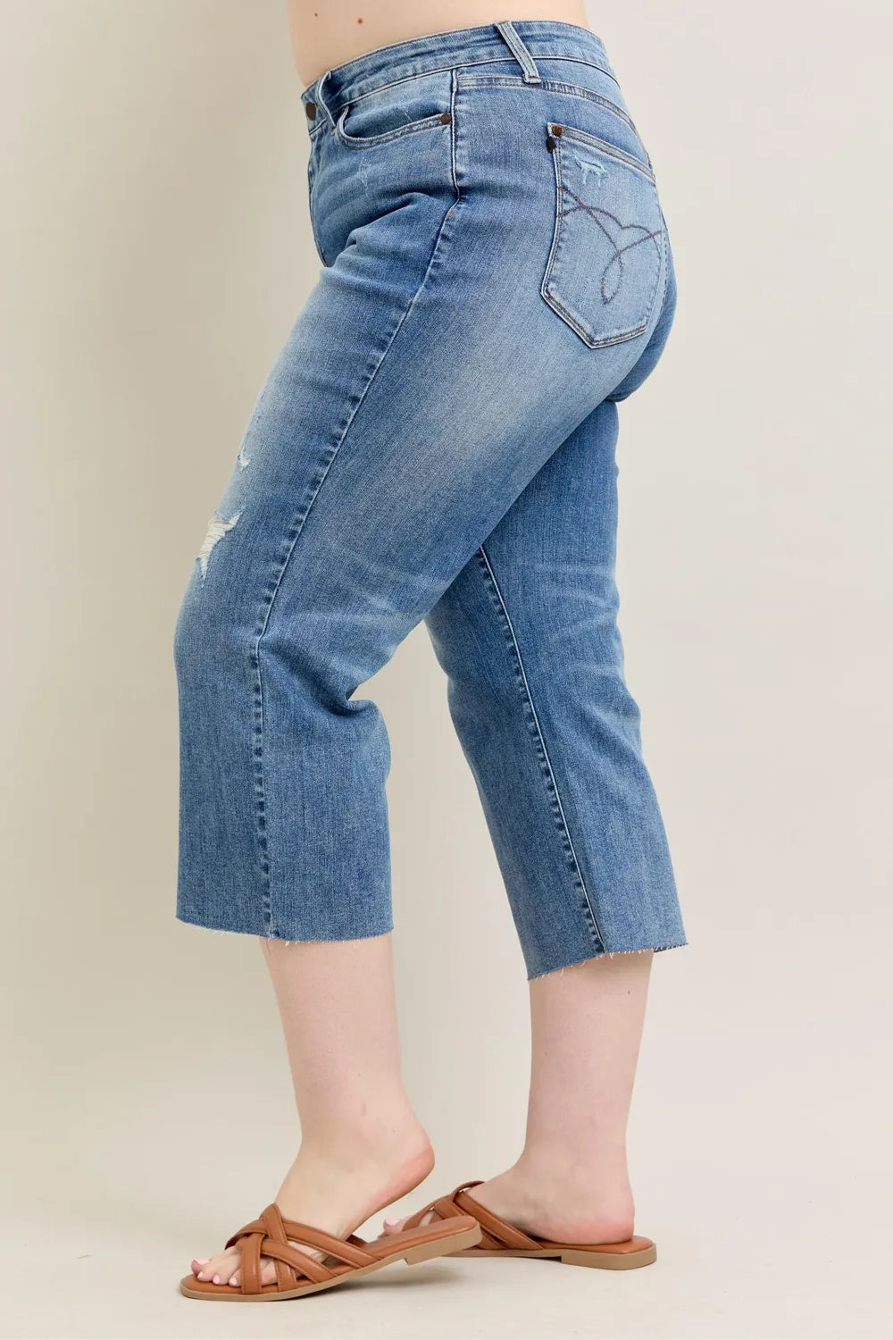 Judy Blue Plus Size High Waist Back Destroyed Raw Cut Hem Crop Wide Leg Jeans