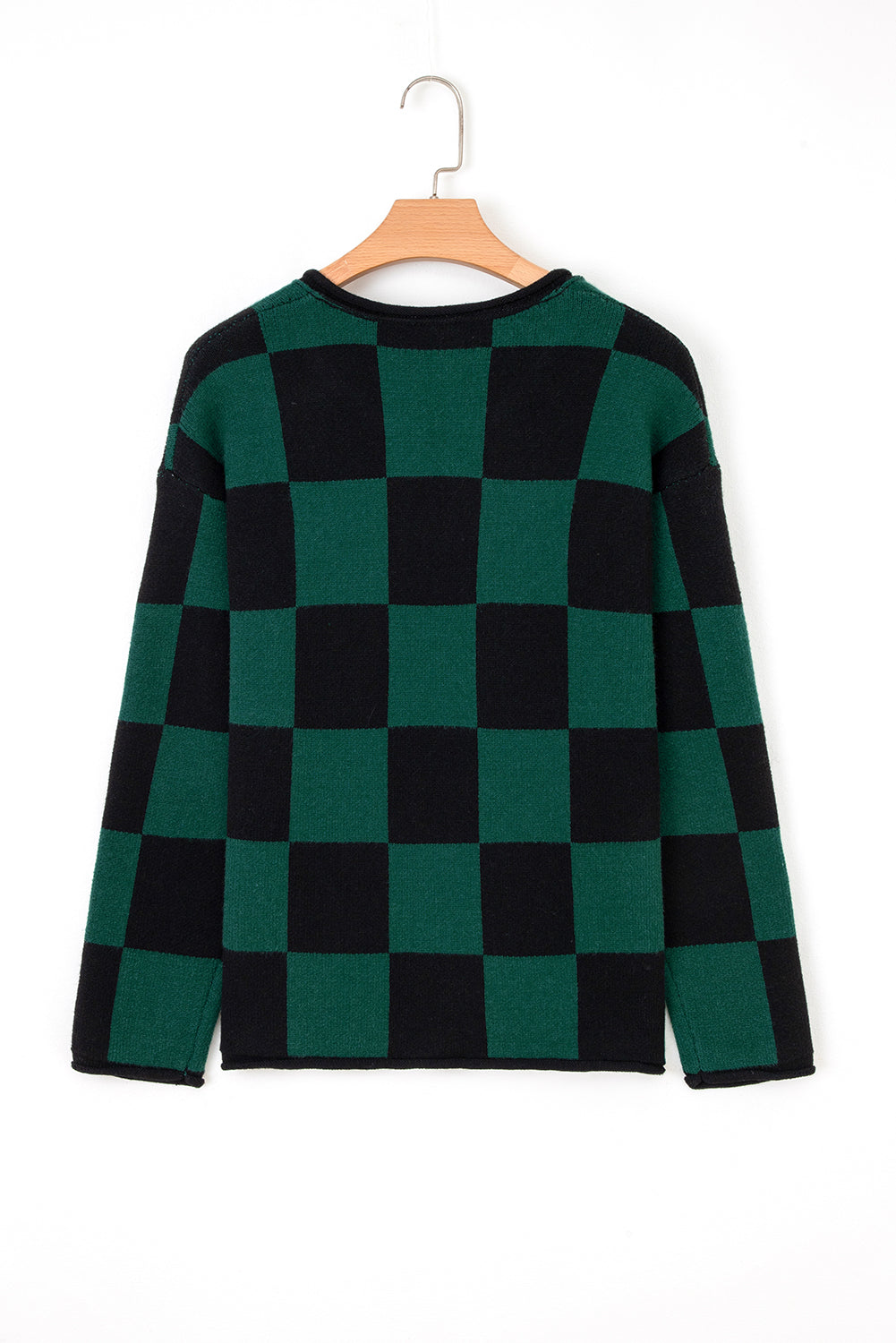 Premium Green Checked Notched Neckline Drop Shoulder Knit Sweater