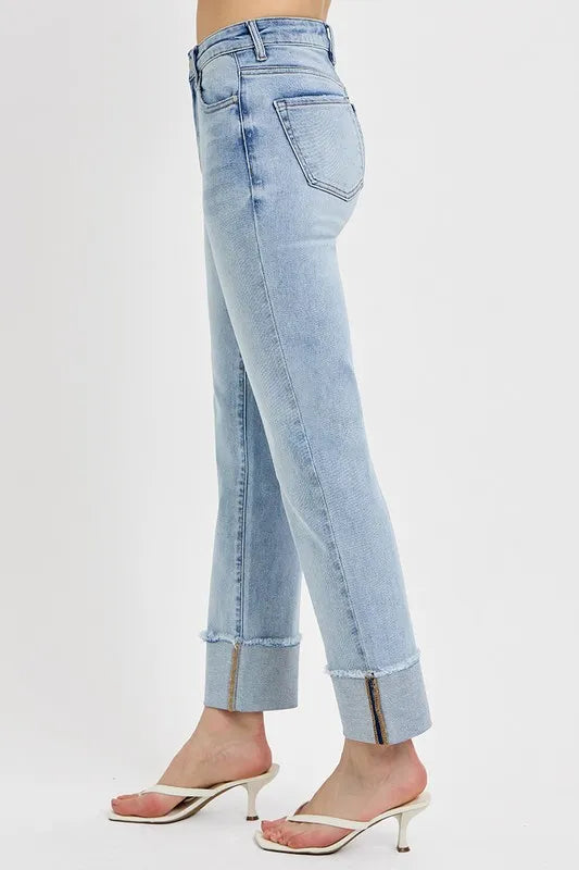 Risen High Rise Straight Cuffed Relaxed Jeans For Women