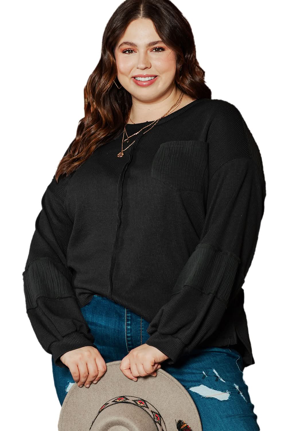Chic plus-size black crinkle top