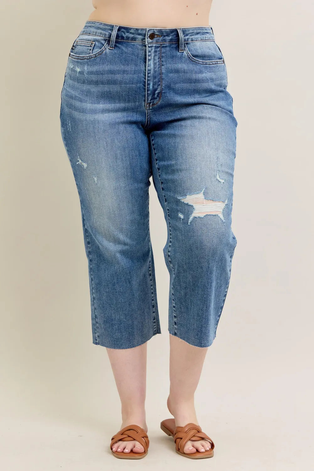 Judy Blue Plus Size High Waist Back Destroyed Raw Cut Hem Crop Wide Leg Jeans