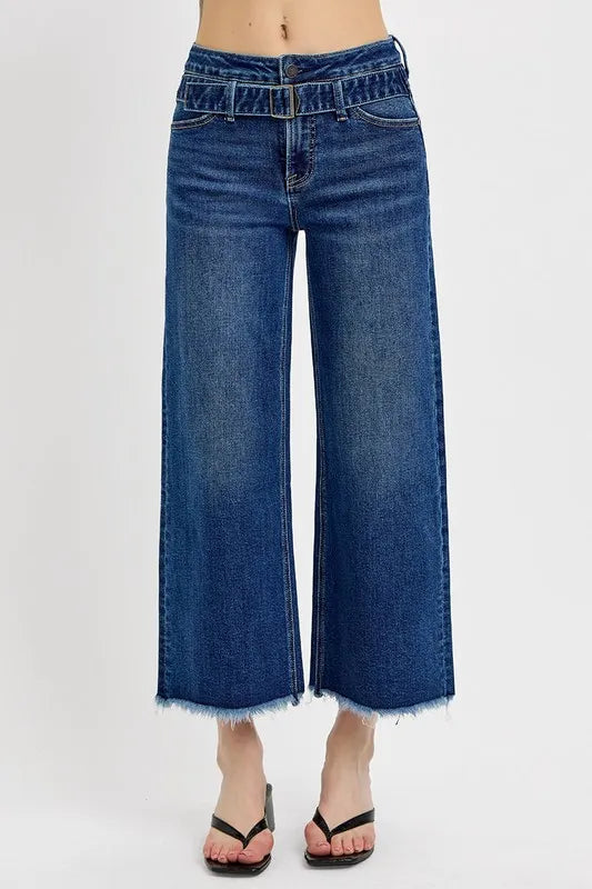 Risen Raw Hem Wide Leg Attached Buckle Jeans