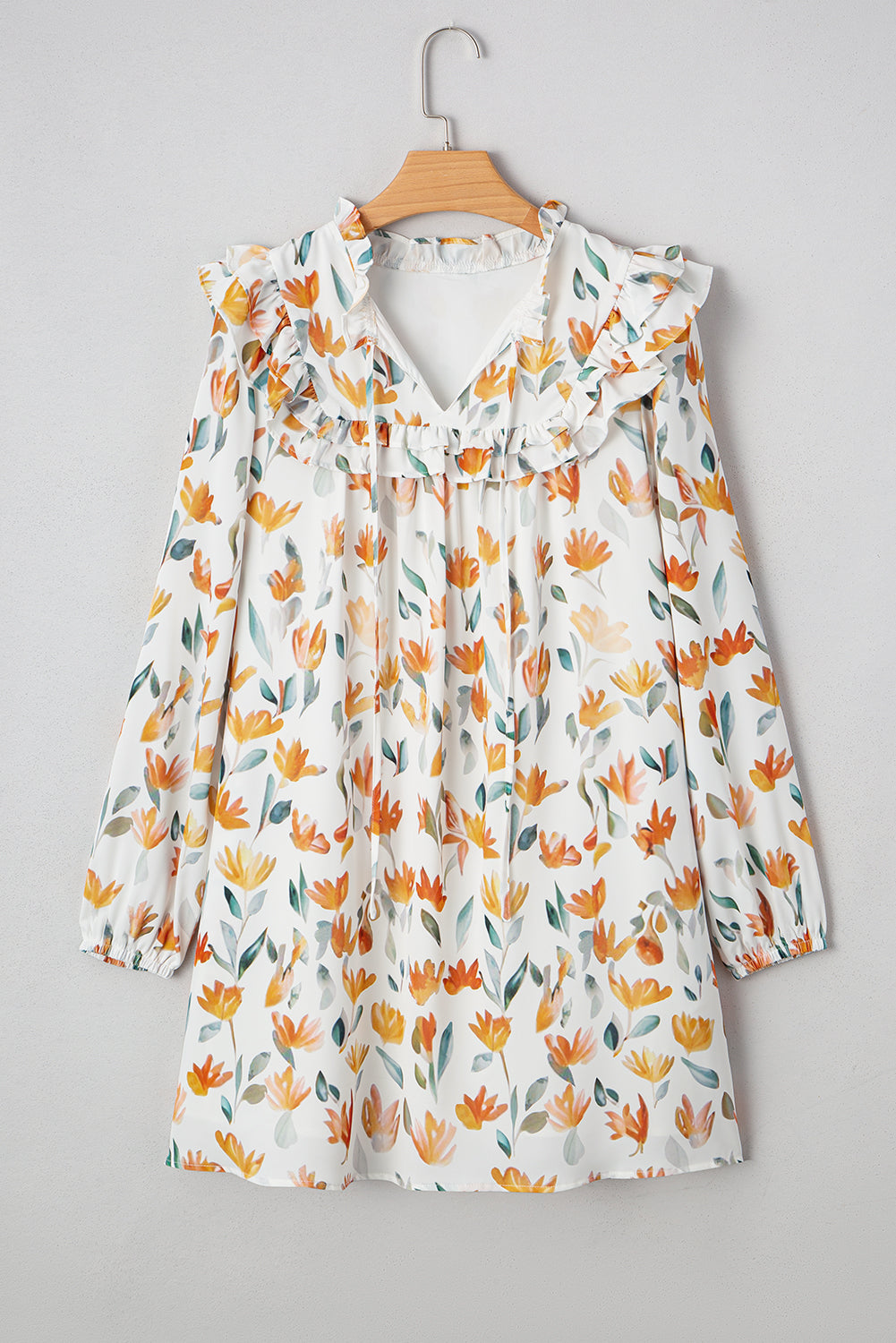 Yellow Floral Print Tie Neck Frilled Long Sleeve Mini Dress