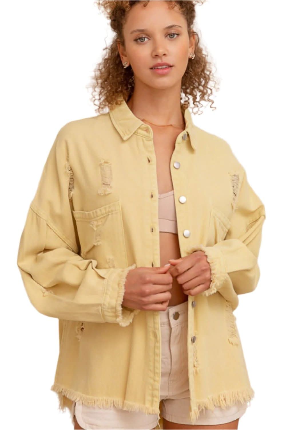 POL Button Down Raw Hem Distressed Shacket
