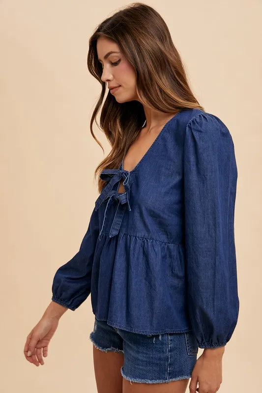 Trendsi Annie Wear Navy Blue Denim Peplum Top Small