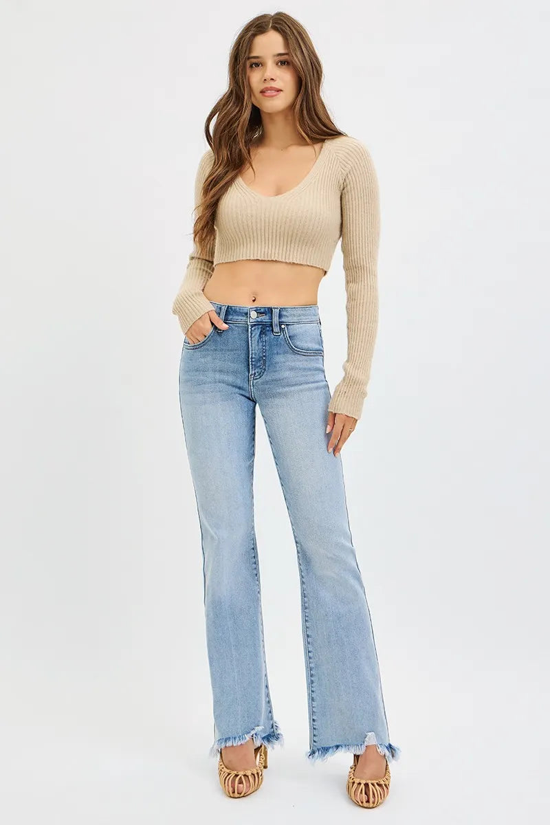 Risen Plus Size Tummy Control Mid Rise Flare Jeans Fray Hem
