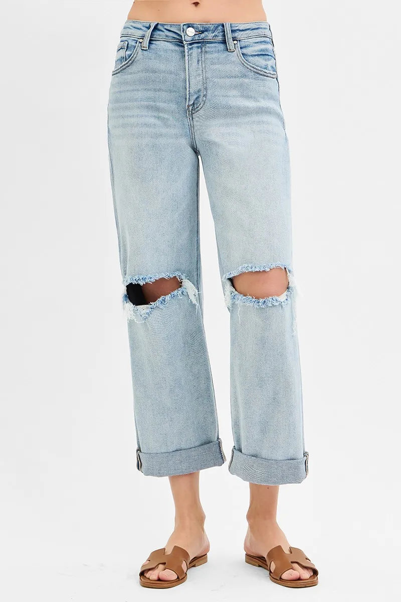 Risen Plus Size Boyfriend Jeans With Cuffed Hem Wide Leg
