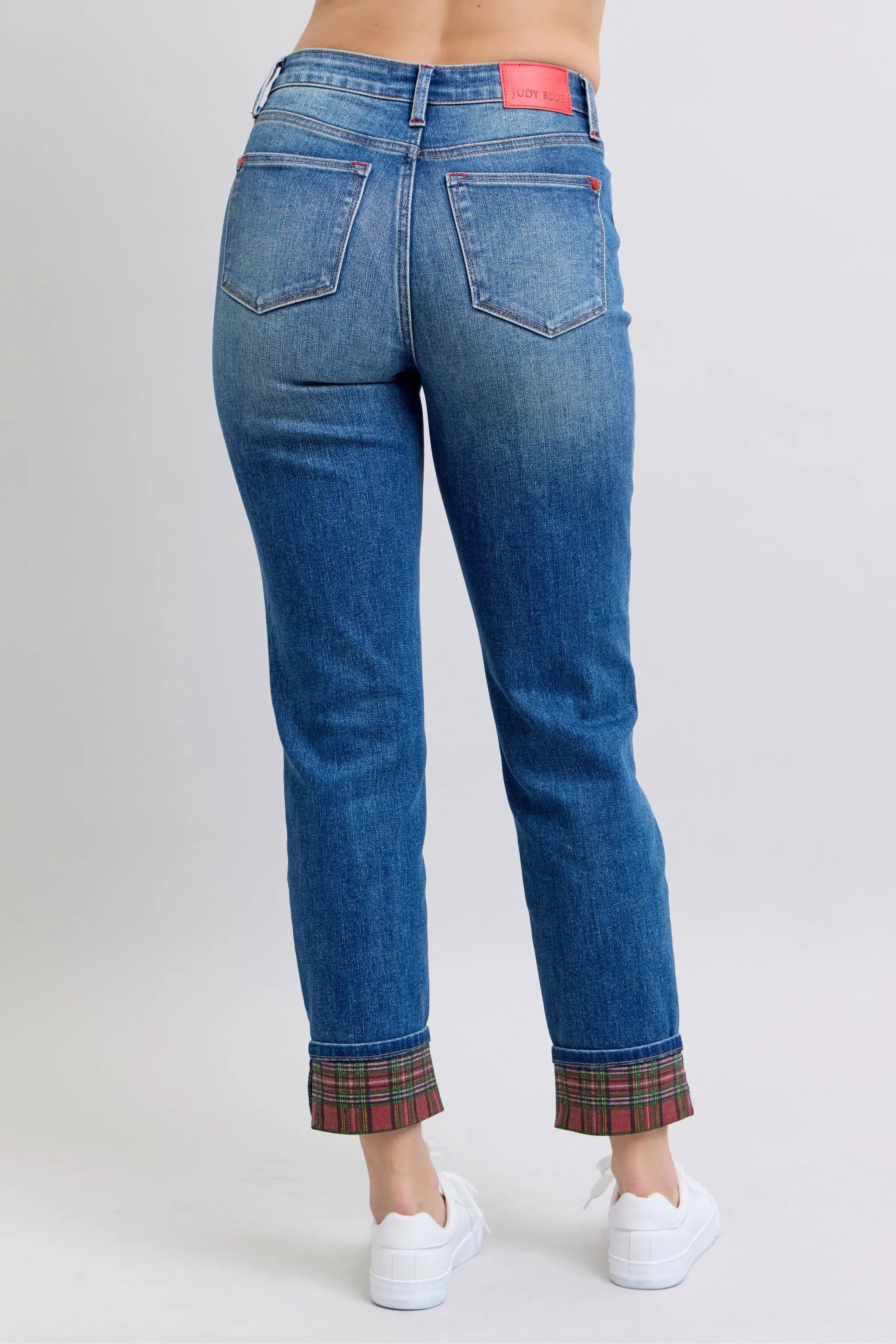 Judy Blue Plaid Print Cuff Boyfriend Jeans Plus Size