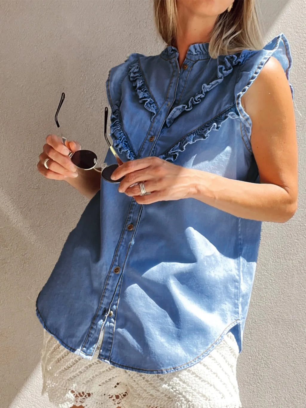 Mineral Wash Cap Sleeve Frilled Button Up Denim Shirt