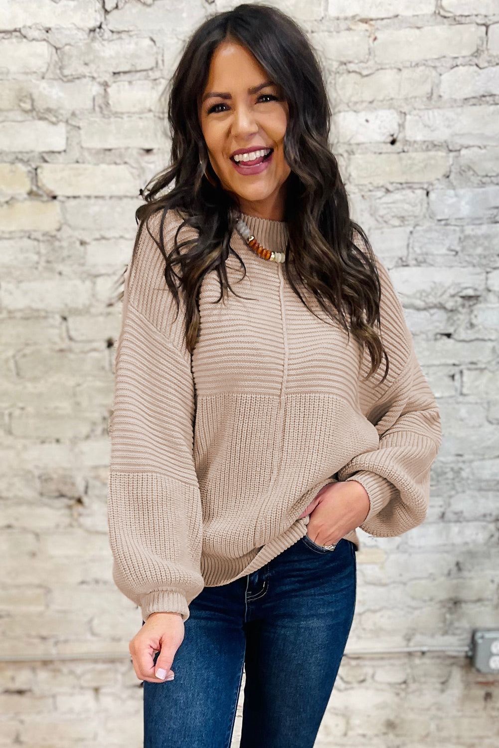 Premium Parchment Mixed Texture Patchwork Knitted Puff Sleeve Sweater