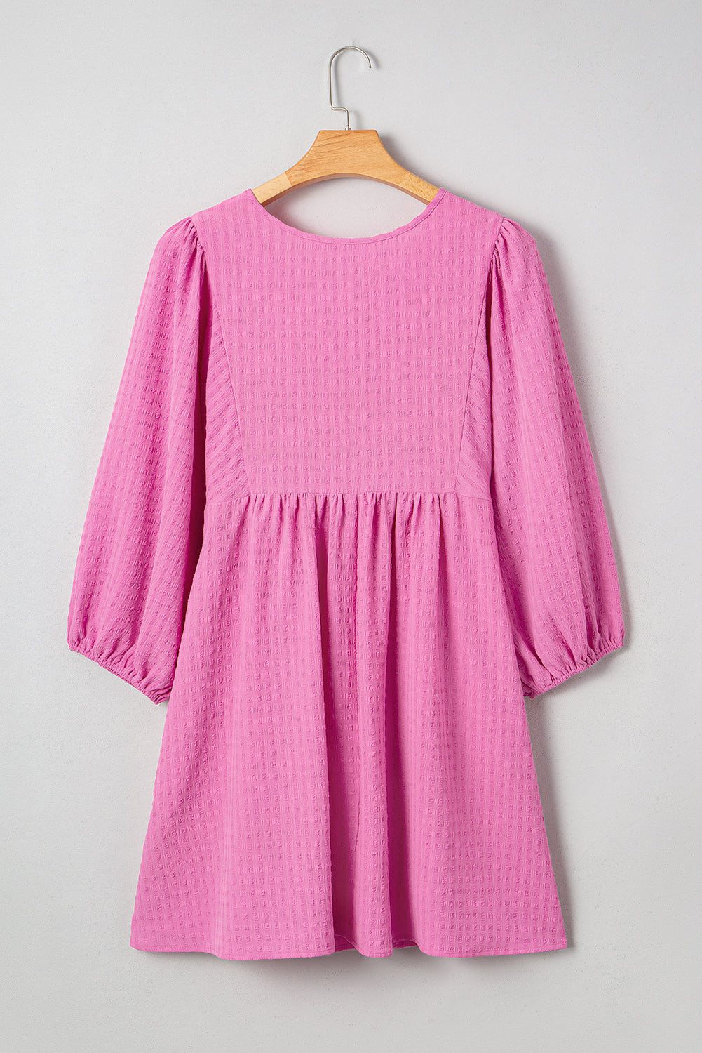 Premium Sachet Pink Plus Size Textured Tie Split Neck Puff Sleeve Flowy Mini Dress