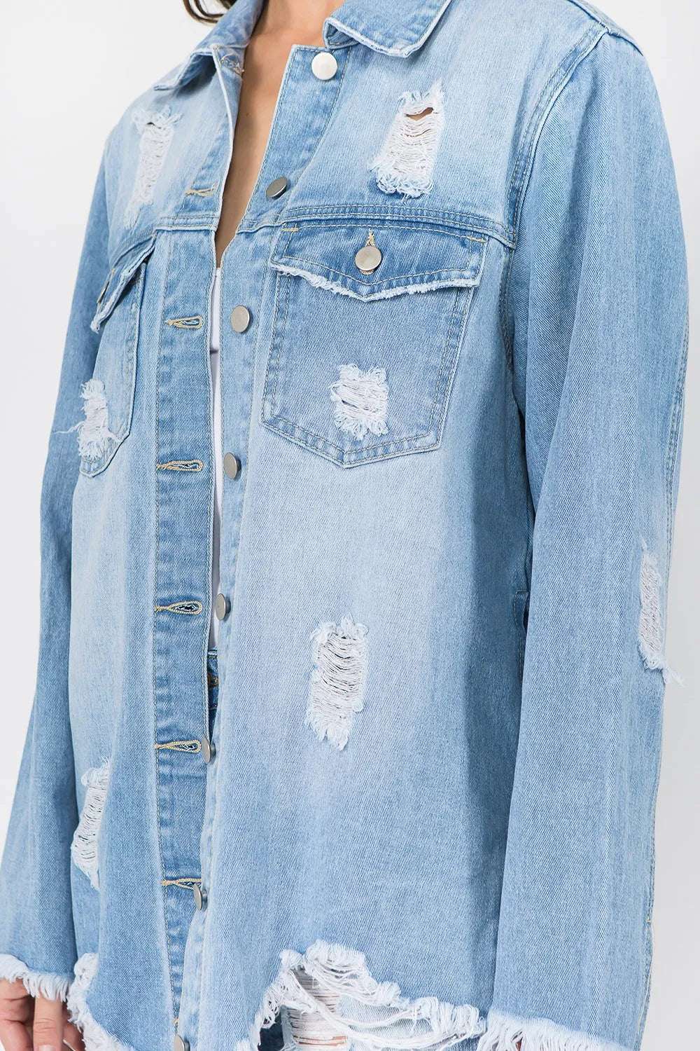 Trendsi American Bazi Denim Jacket Light Blue Small Distressed Frayed Hem