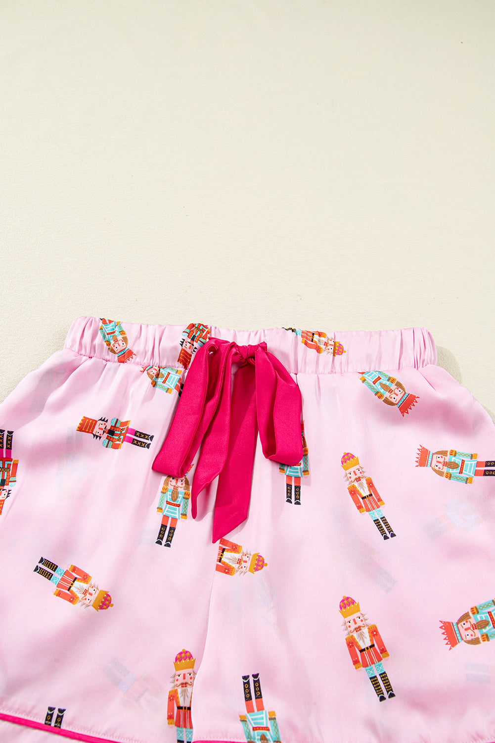 Pink Nutcracker Print Two Piece Pajama Set Contrast Trim Bow
