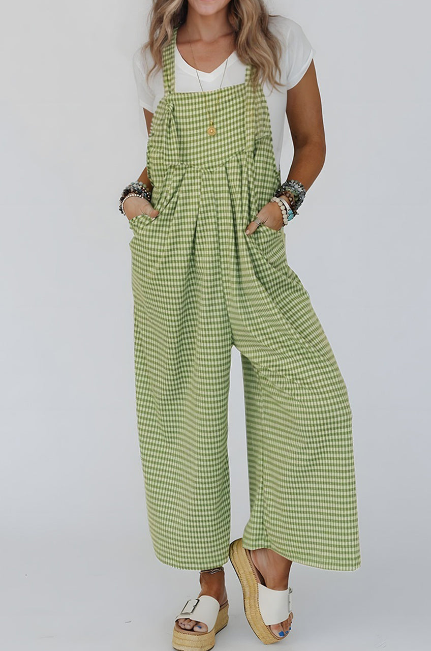Green Gingham Wide Leg Overalls With Pockets For Women