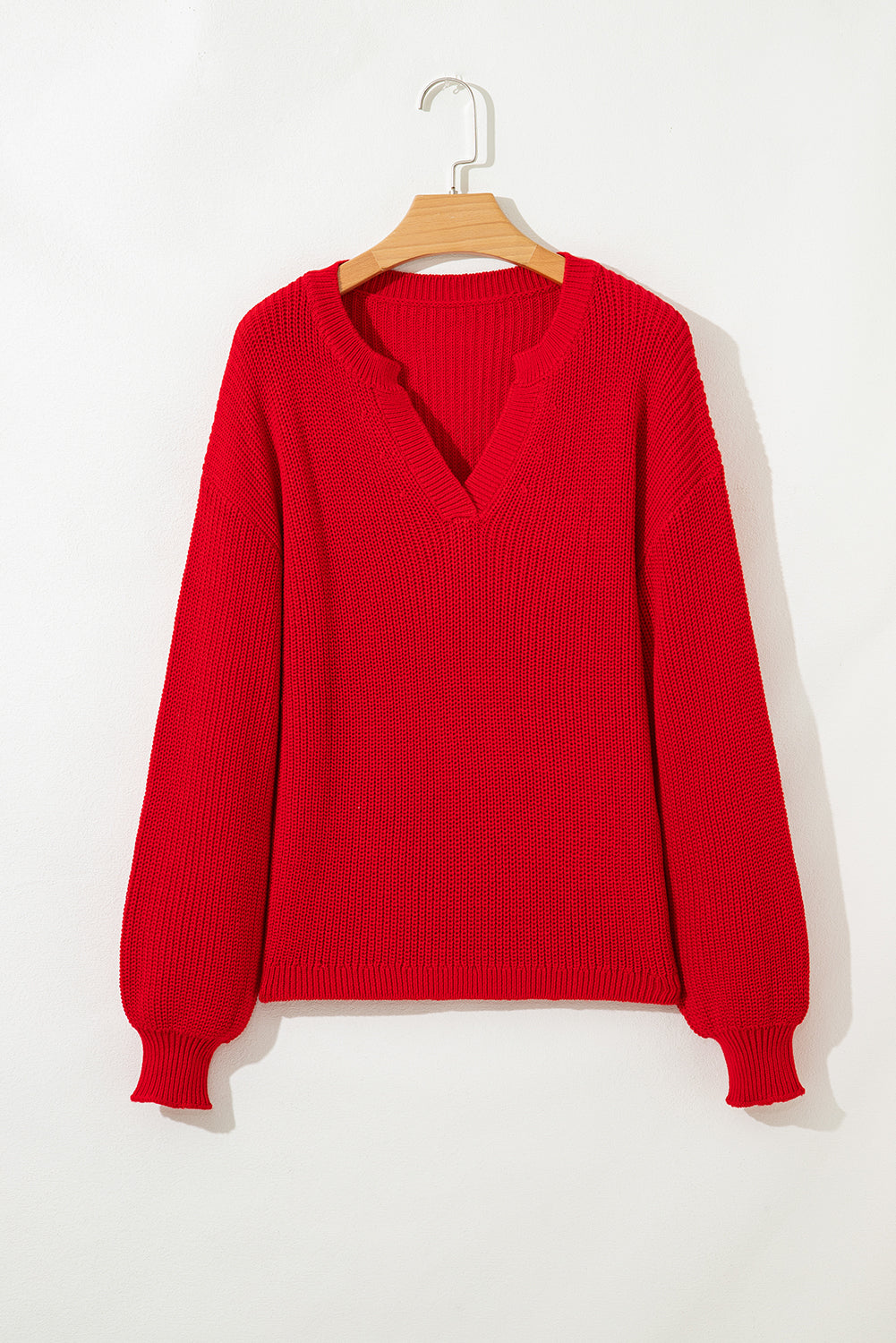 Premium Racing Red Solid Textured Knit V Neck Drop Shoulder Sweater