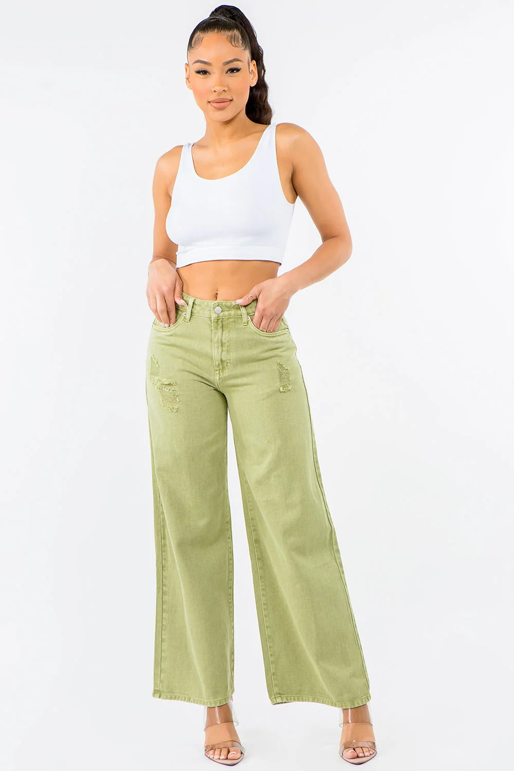 Trendsi American Bazi High Waist Distressed Wide Leg Jeans for Women - Apparel & Accessories > Clothing > Pants