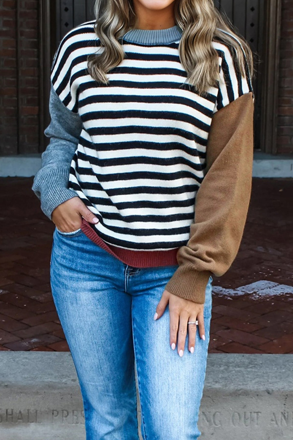 Black Striped Panel Colorblock Sleeve Chic Cozy Sweater