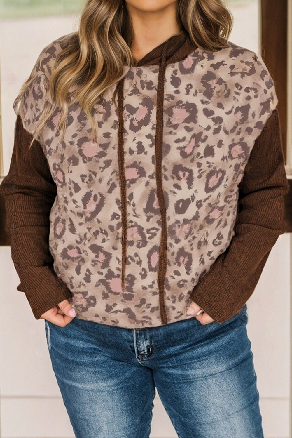 Brown Leopard Print Knit Patchwork Plus Size Hoodie