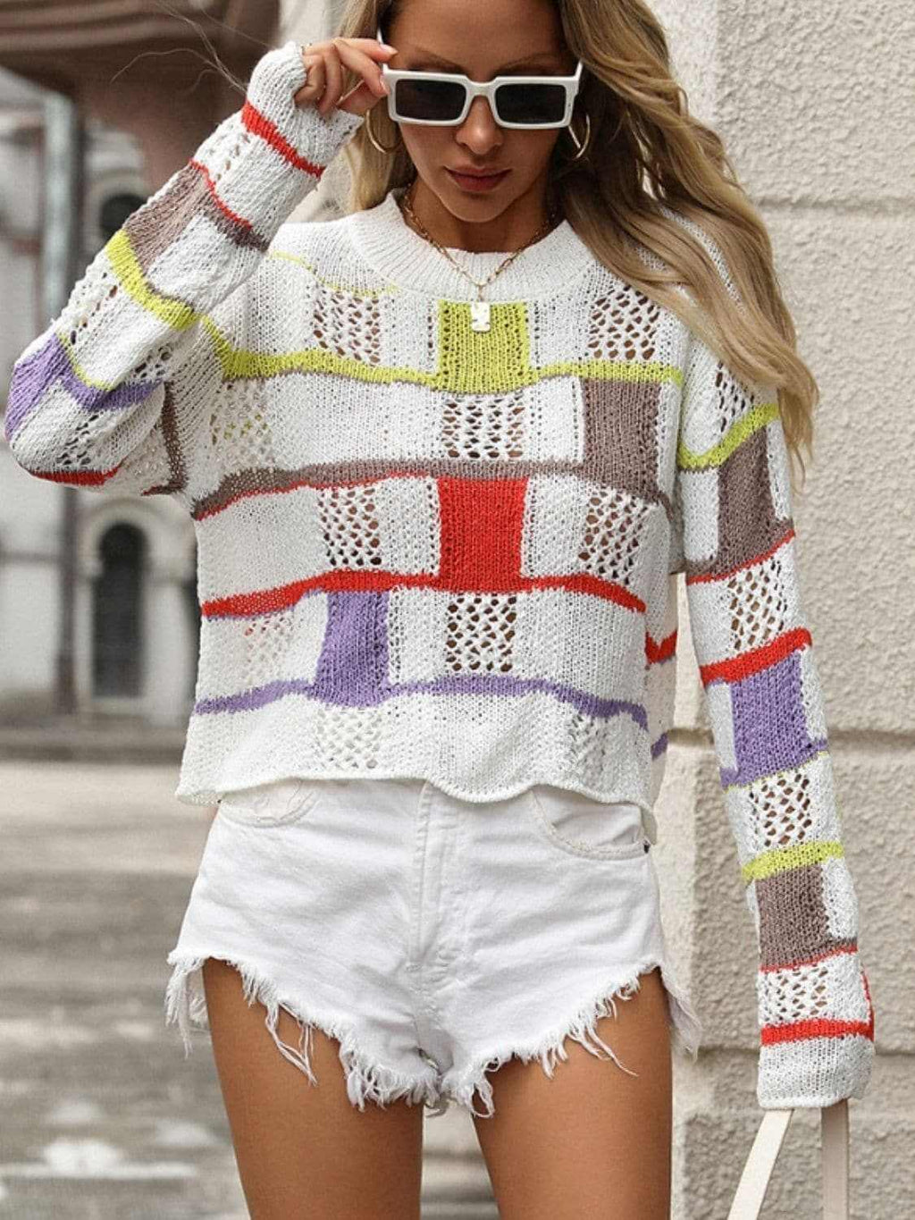 Colorful crochet round neck pullover