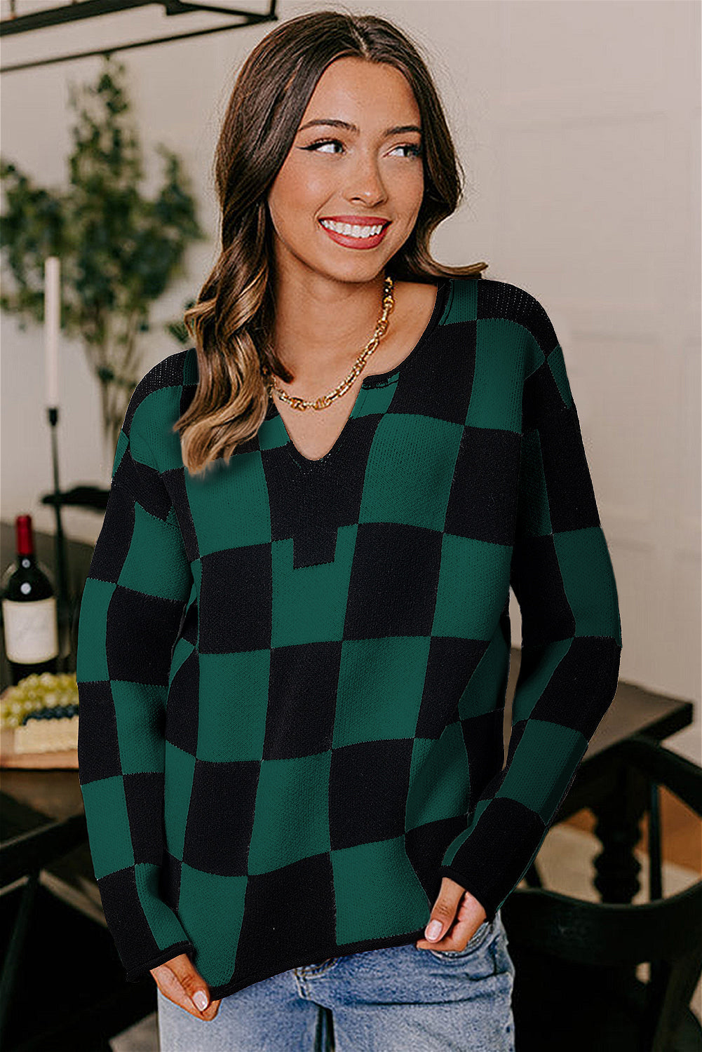 Premium Green Checked Notched Neckline Drop Shoulder Knit Sweater