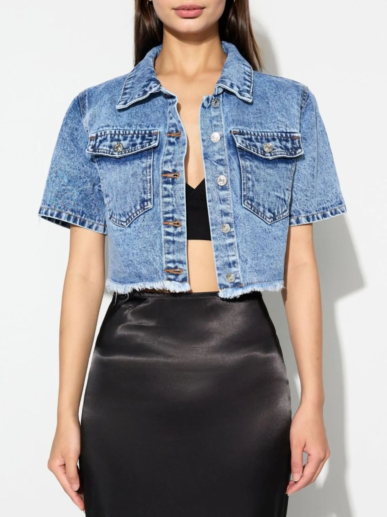Cropped Short Sleeve Denim Jacket with Frayed Hem