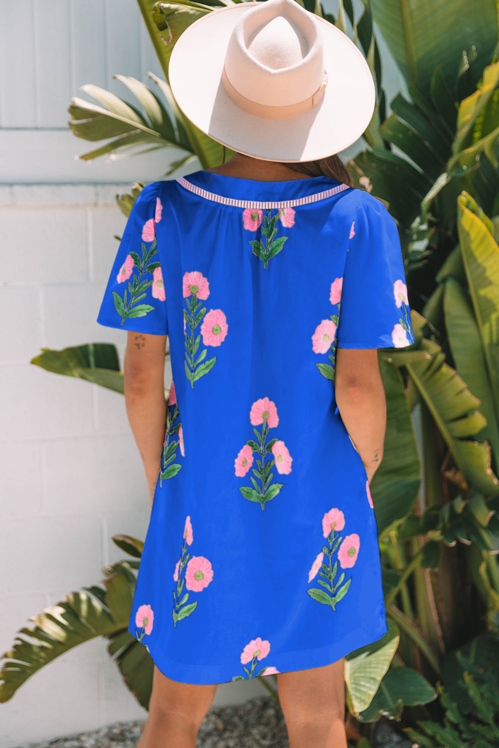 Blue Floral Short Sleeve Split Neck Loose Mini Dress