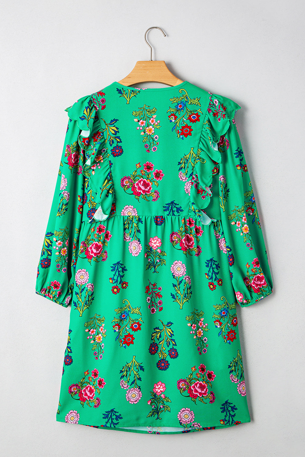 Premium Green Floral Ruffled Three Quarter Sleeve Buttoned Dress
