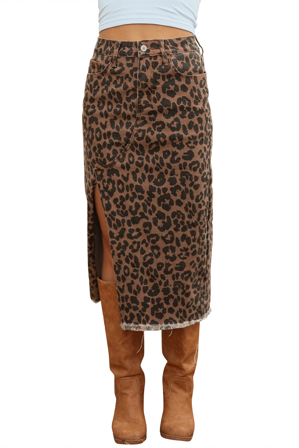 Brown Leopard Denim Frayed Split Denim Midi Skirt For Women