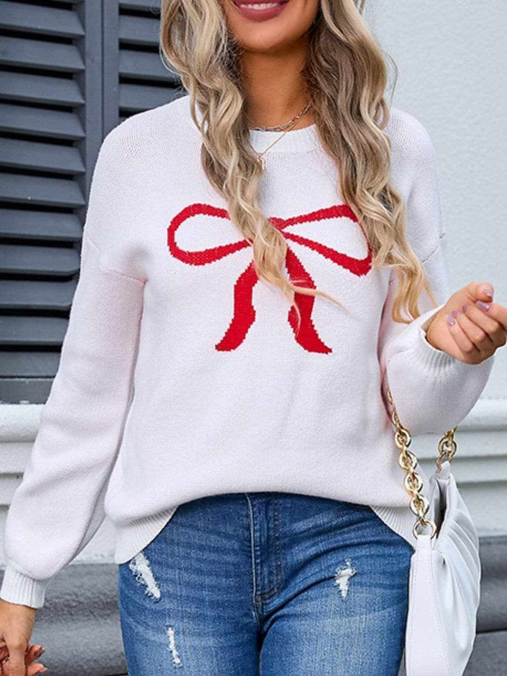 Charming bow print long sleeve sweater