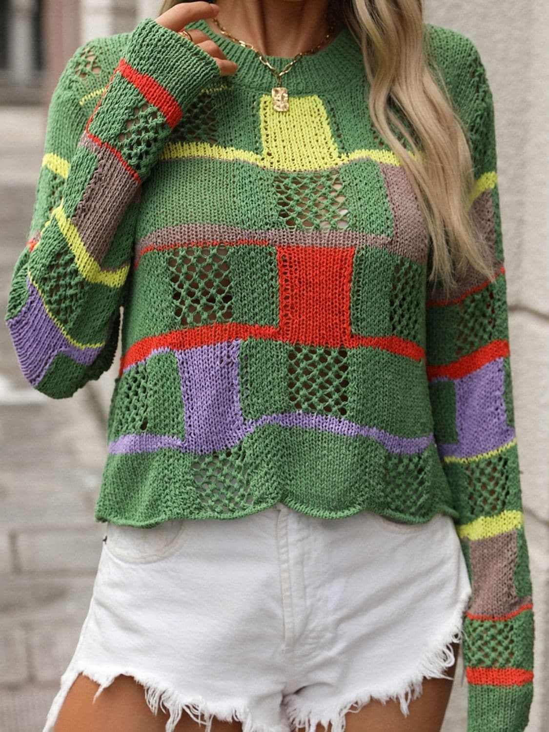 Colorful crochet round neck pullover