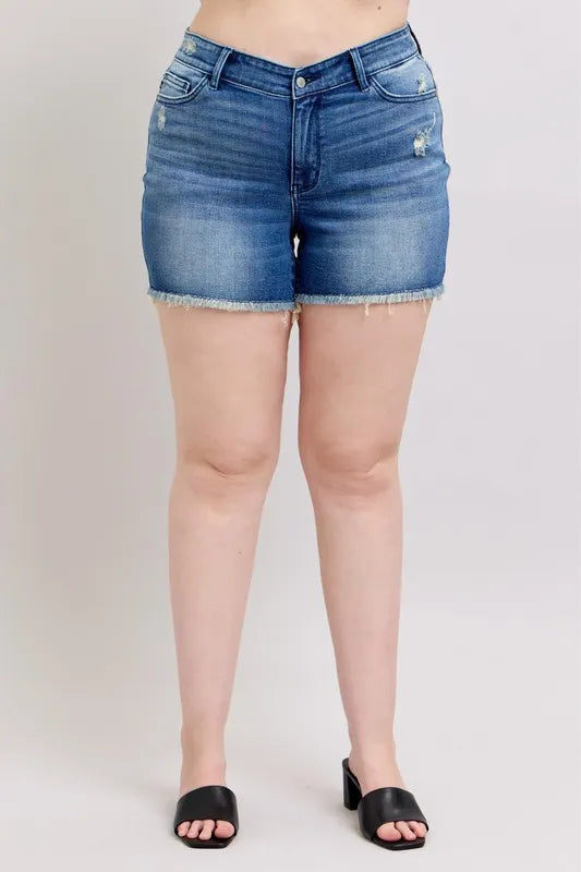 Judy Blue V Front Denim Shorts Shield Pockets Plus Size