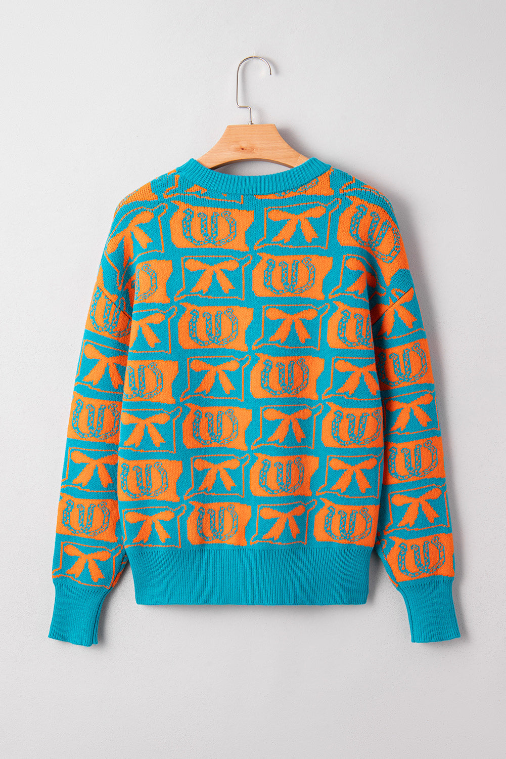 Light Blue Bows And Horseshoes Pattern Western Sweater
