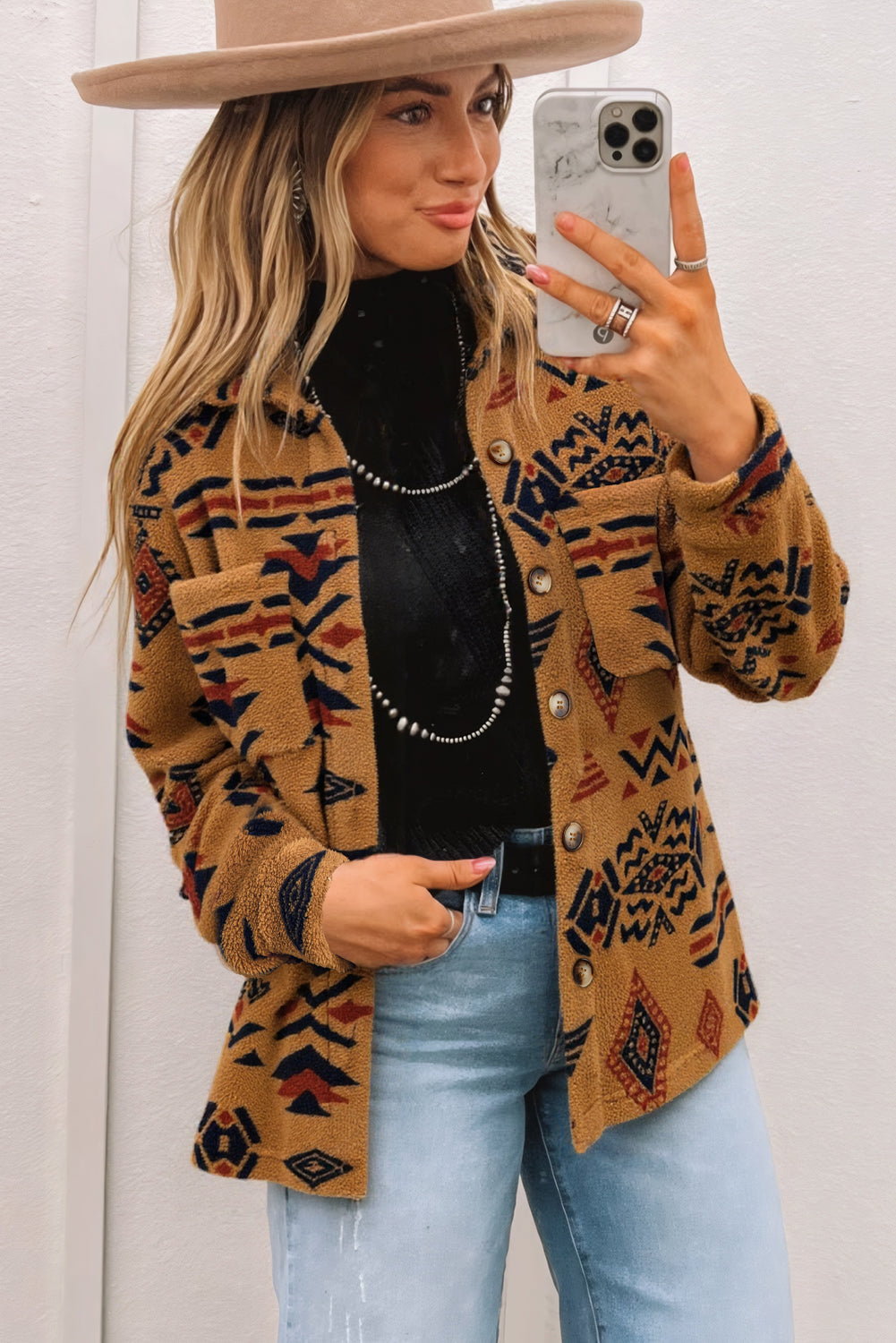 Premium Khaki Western Aztec Pattern Fleece Shacket For Cold Weather