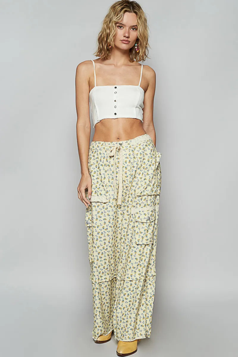POL Floral Cargo Wide Leg Pants with Lace Drawstring