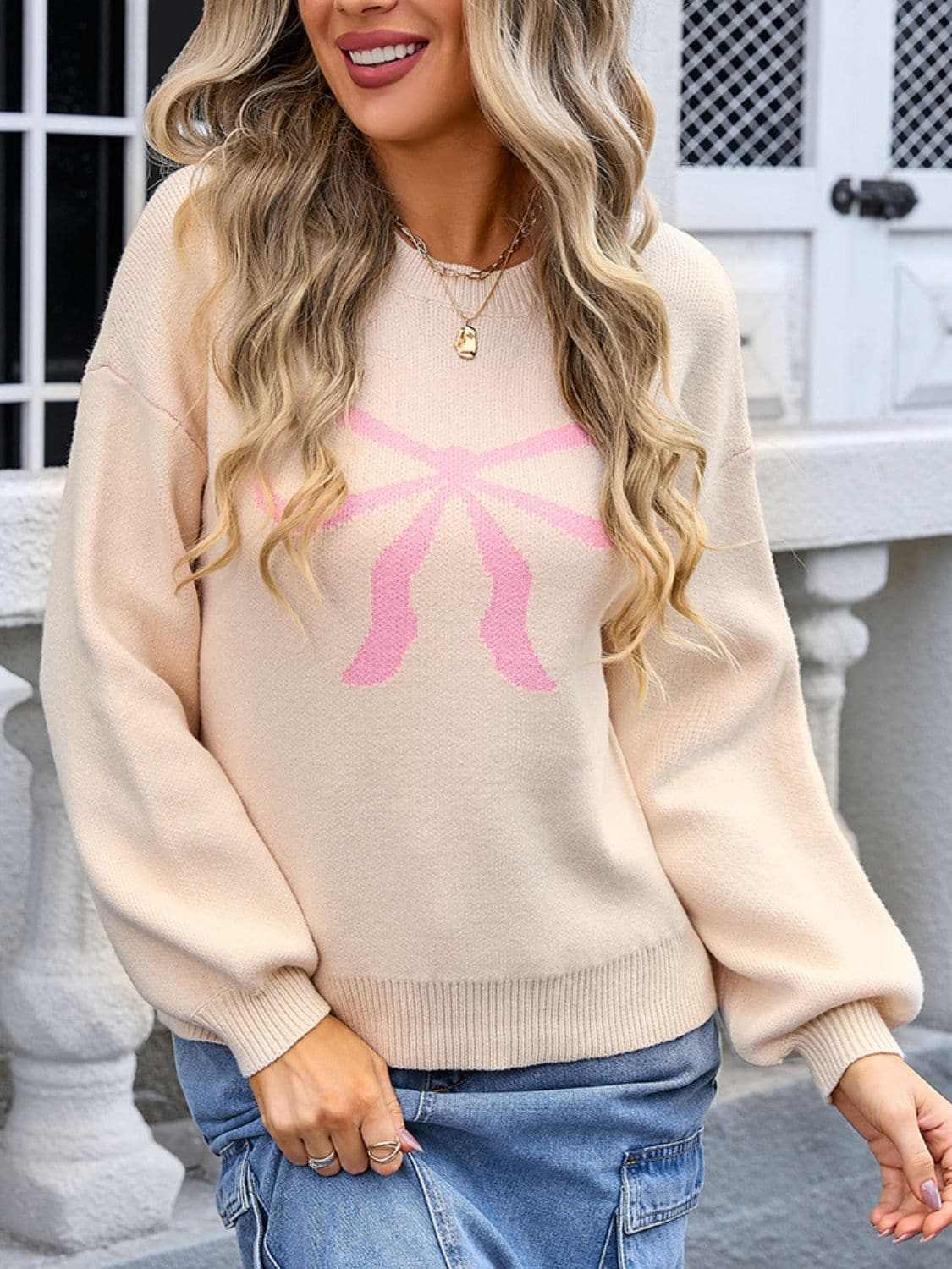 Charming bow print long sleeve sweater