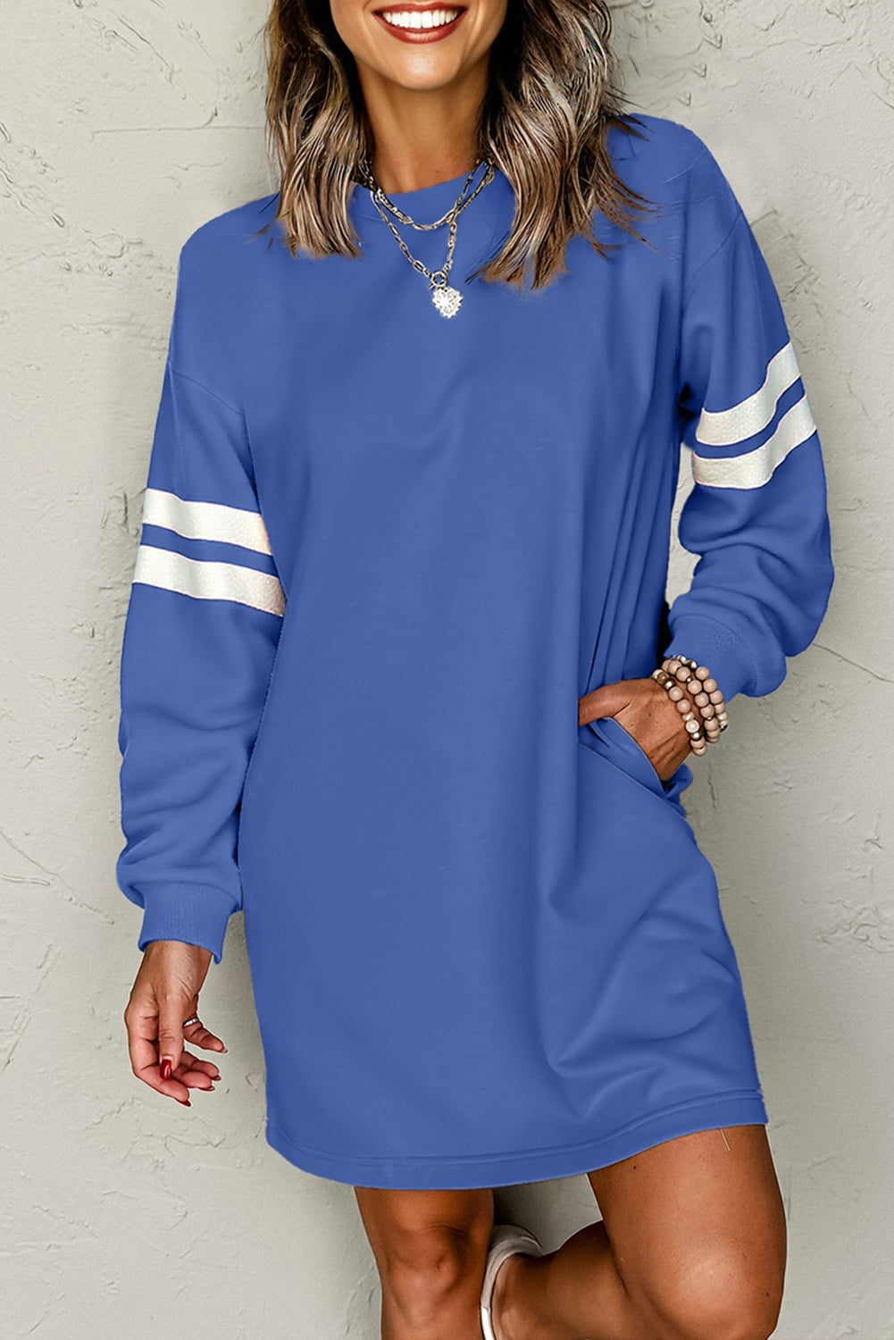 Sky Blue Varsity Sleeve Contrast Shift Sweatshirt Dress