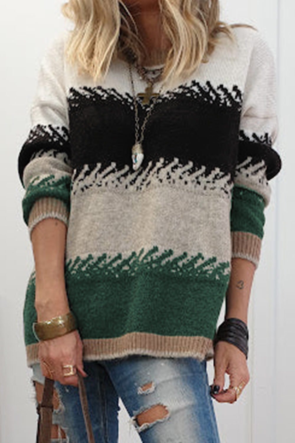 Premium Black Color Block Drop Shoulder Sweater Stylish Pattern