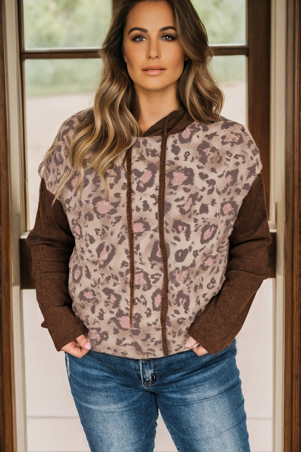 Brown Leopard Print Knit Patchwork Plus Size Hoodie