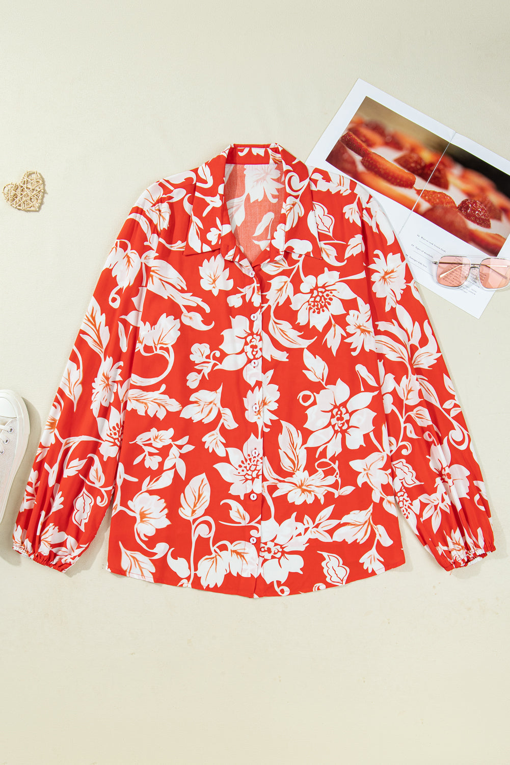 Premium Red Plus Size Floral Print Loose Button Up Shirt For Women