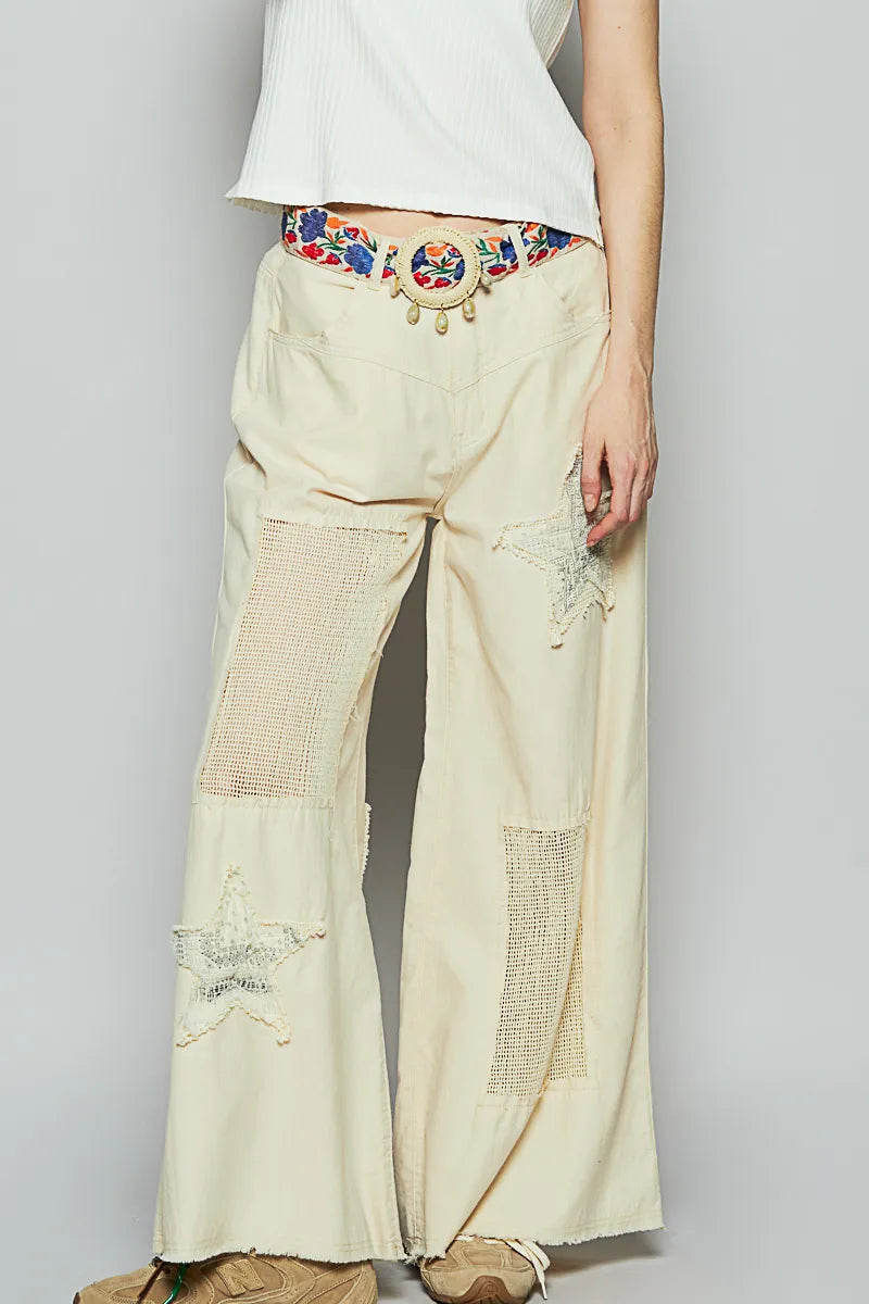 POL Raw Hem Star Patch Wide leg Pants