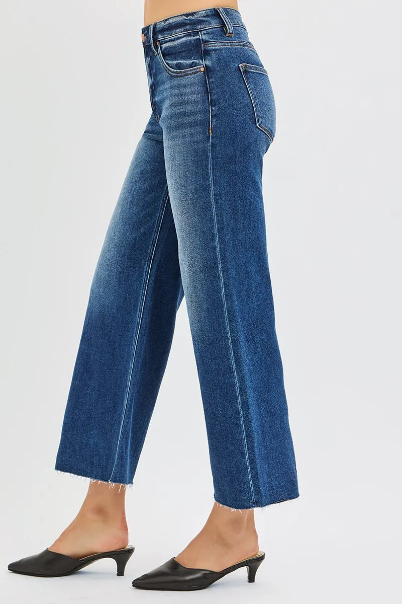 Risen Plus Size Mid Rise Crop Wide Raw Cut Hem Jeans