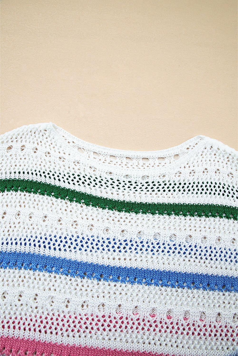 Premium White Color Block Striped Pointelle Knit Sweater