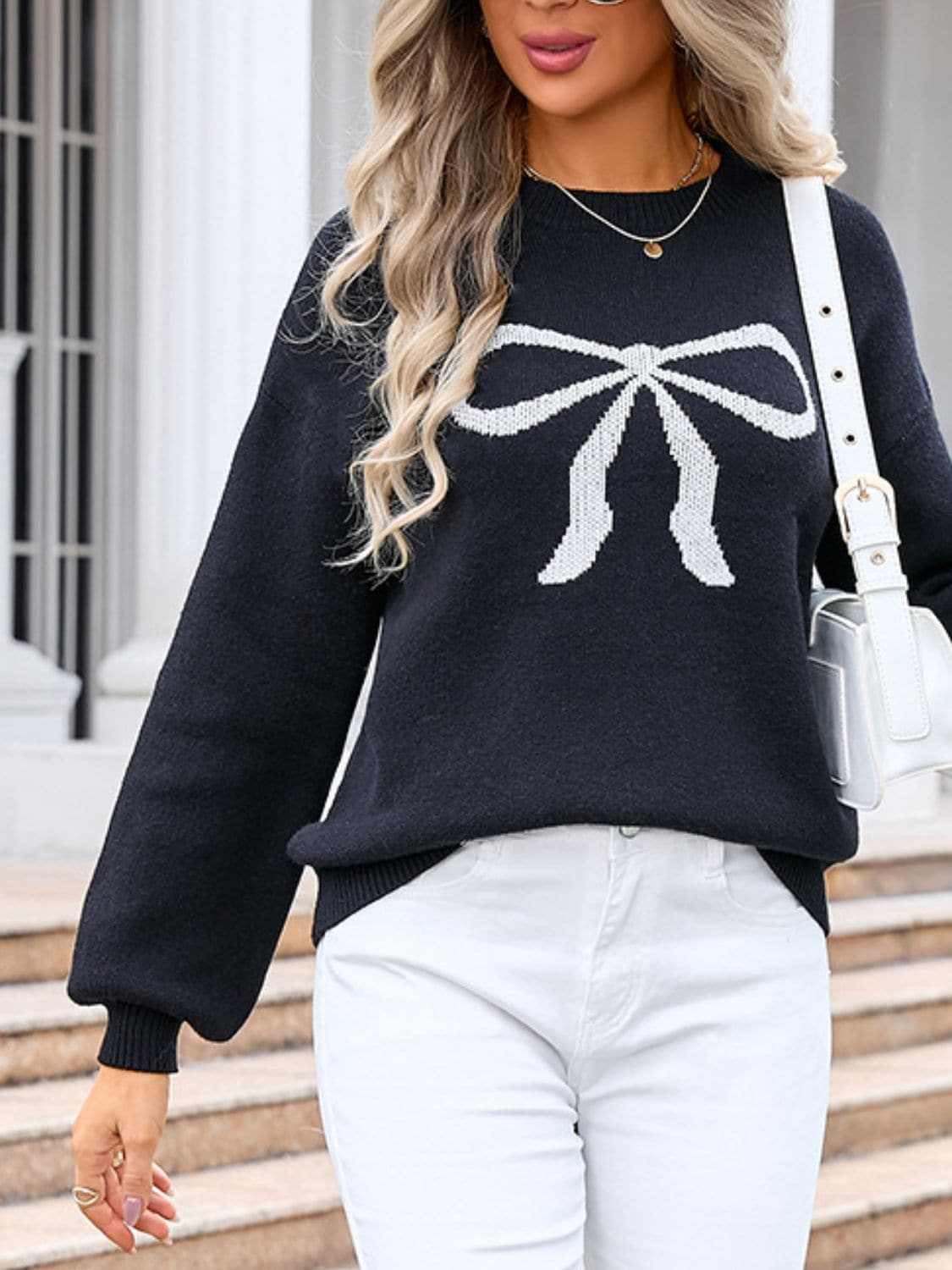 Charming bow print long sleeve sweater
