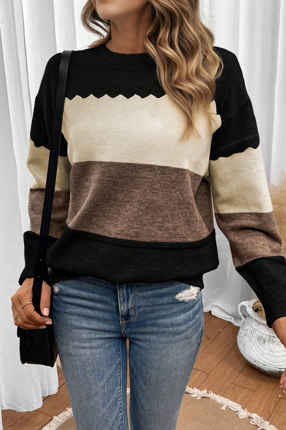 Black Colorblock Crew Neck Drop Shoulder Sweater Relaxed Fit