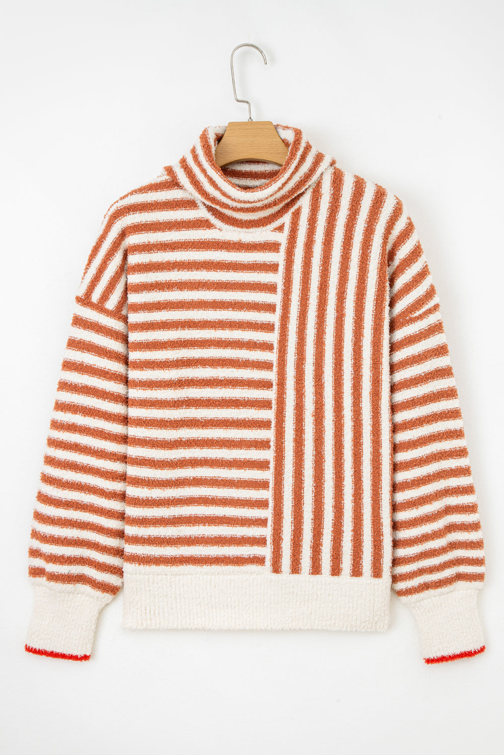Orange Stripe Cowl Neck Drop Shoulder Sweater For Women