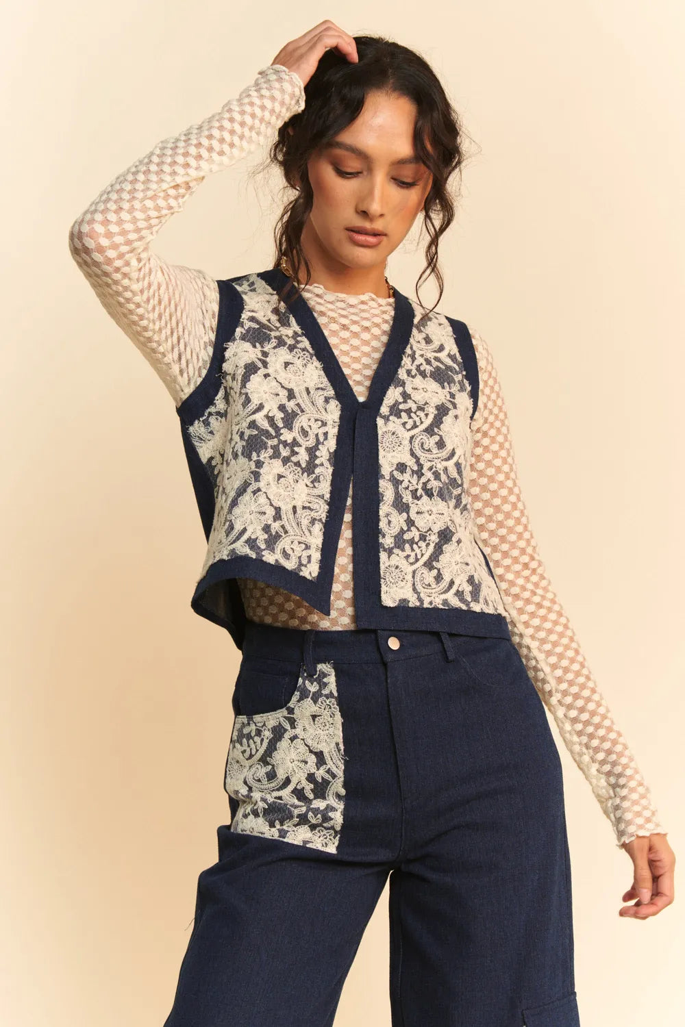 Davi and Dani Lace Patch Open Front Denim Vest