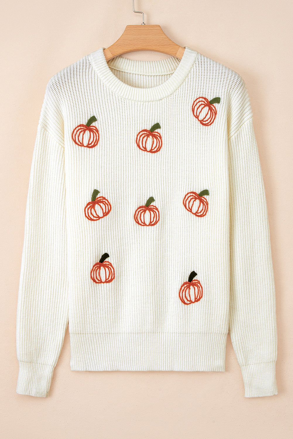 Beige Pumpkin Embroidered Ribbed Thanksgiving Sweater