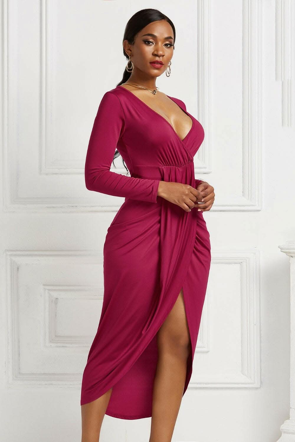 Elegant ruched surplice dress