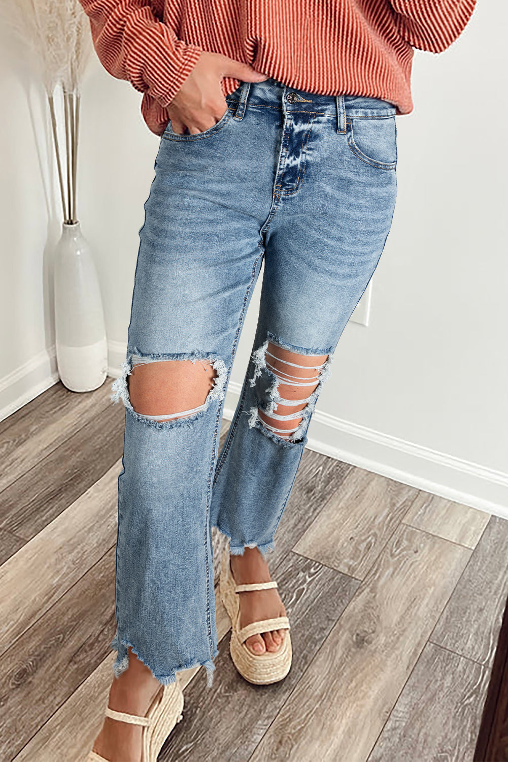 Myosotis Raw Hem Ripped Open Knee Fit Flare Jeans Denim