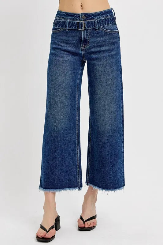 Risen Raw Hem Wide Leg Attached Buckle Jeans